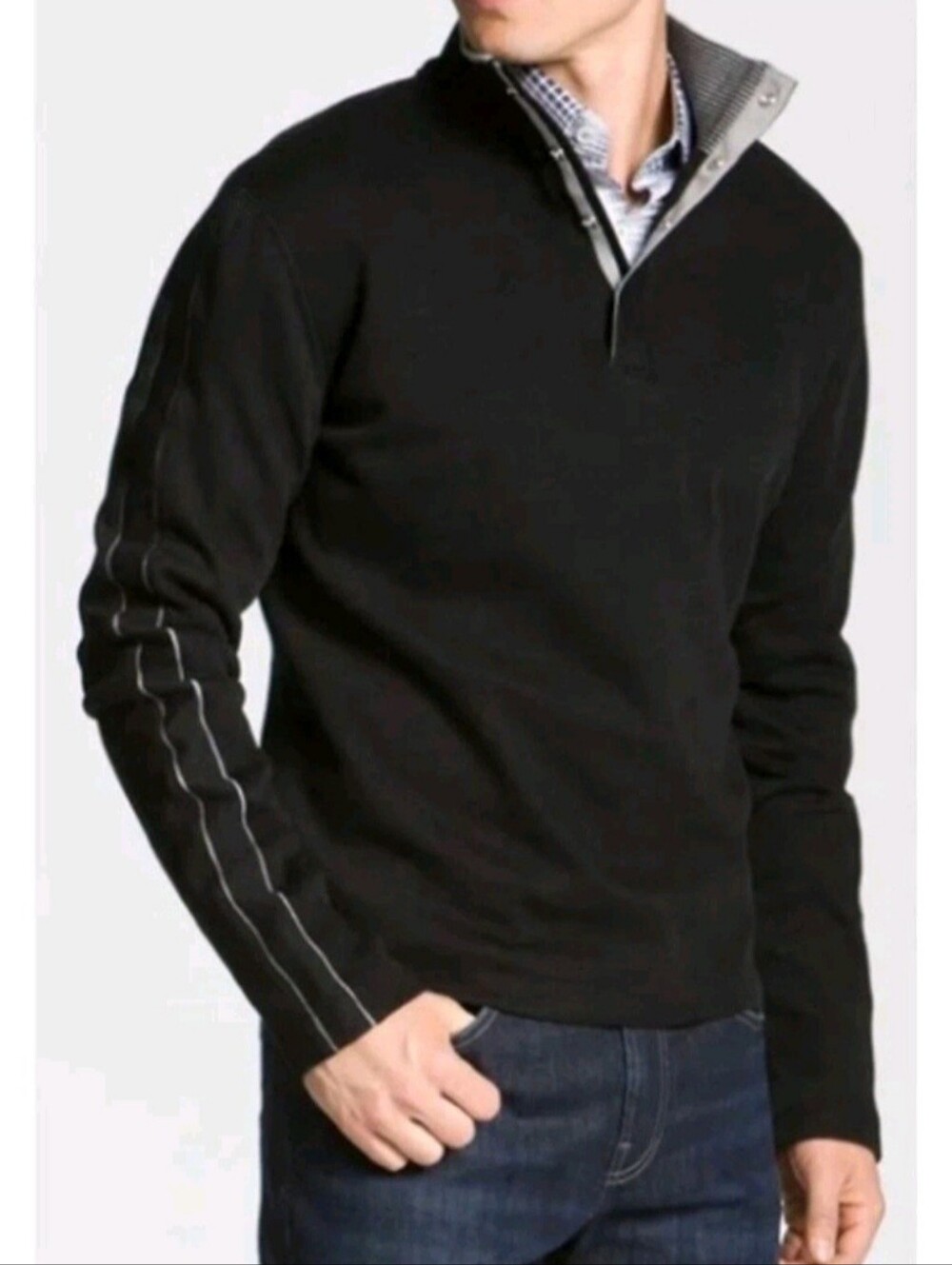Hugo Boss Cotton Black Sweater 1/4 Snap Pullover Mock Neck Preppy XXL Piceno